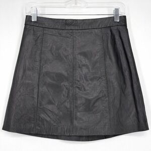 Reformation Black Genuine Leather Mini Skirt Sz M A-Line Panel Detail Mesh Tag